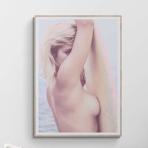 Pastel Surf Girl Fine Art Photography Poster With Surfboard on the Beach