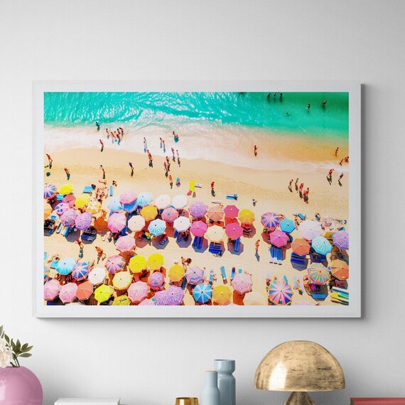 Aerial Beach Umbrellas Turquoise Water Coastal Photo Art Print