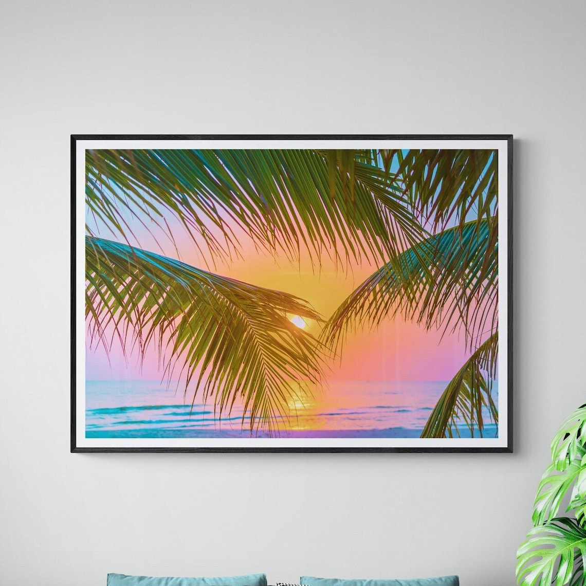 Tropical Sunset Through Palm Fronds Pink Sky Ocean Photo Poster