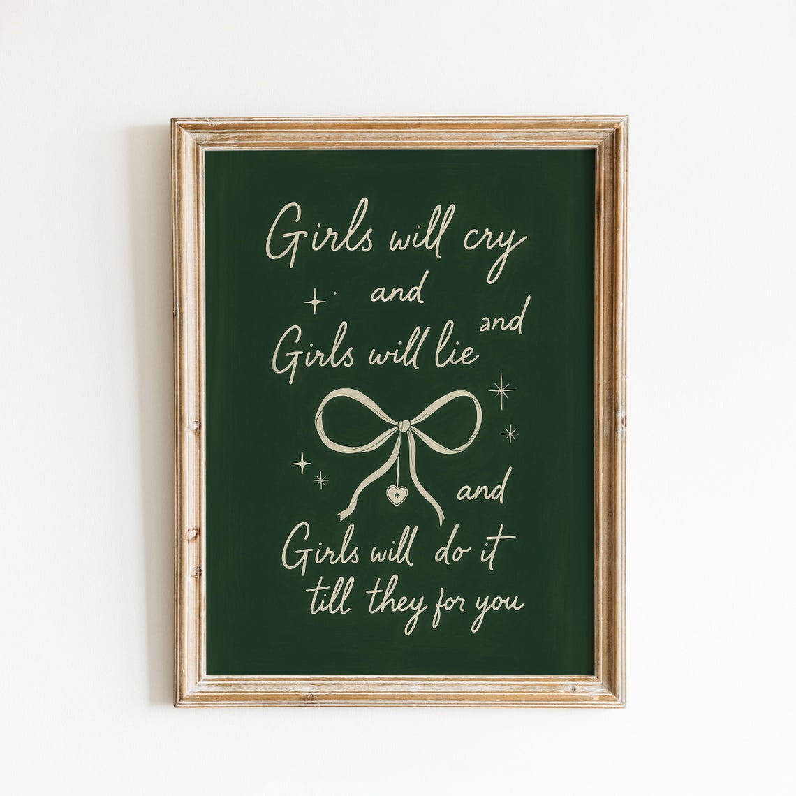 Girls Will Cry Lyric Poster Vintage Green Bow Script Wall Decor