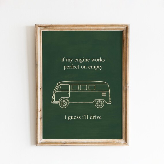 Road Trip Lyric Quote Van Line Art Dark Green Vintage Poster