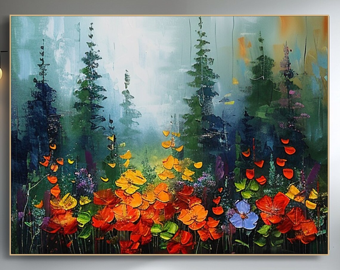 Colorful Flowergreen Tree Painting, Tranquil Forest Art Print
