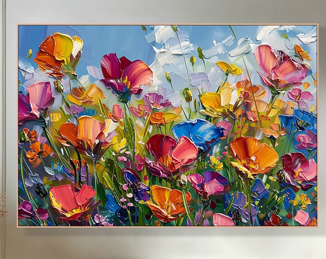 Colorful Meadow Floral Art Print, Vibrant Impasto