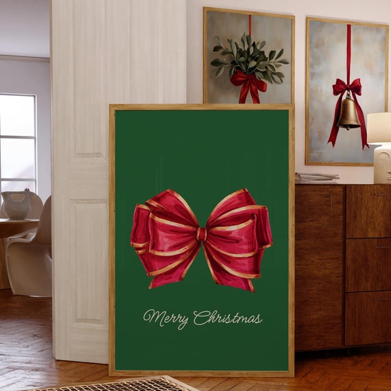 Trendy Christmas Print Merry Christmas Poster Red Christmas Bow Wall Art Christmas Decor Holiday Wall Art Cute Prints
