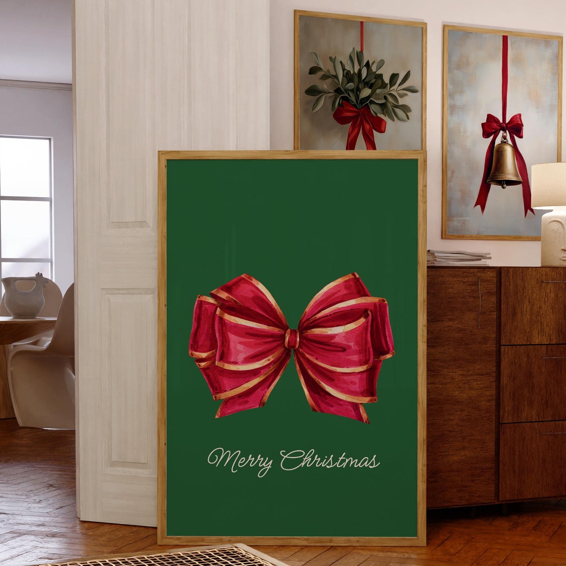 Merry Christmas Red Gold Bow Green Background Holiday Poster