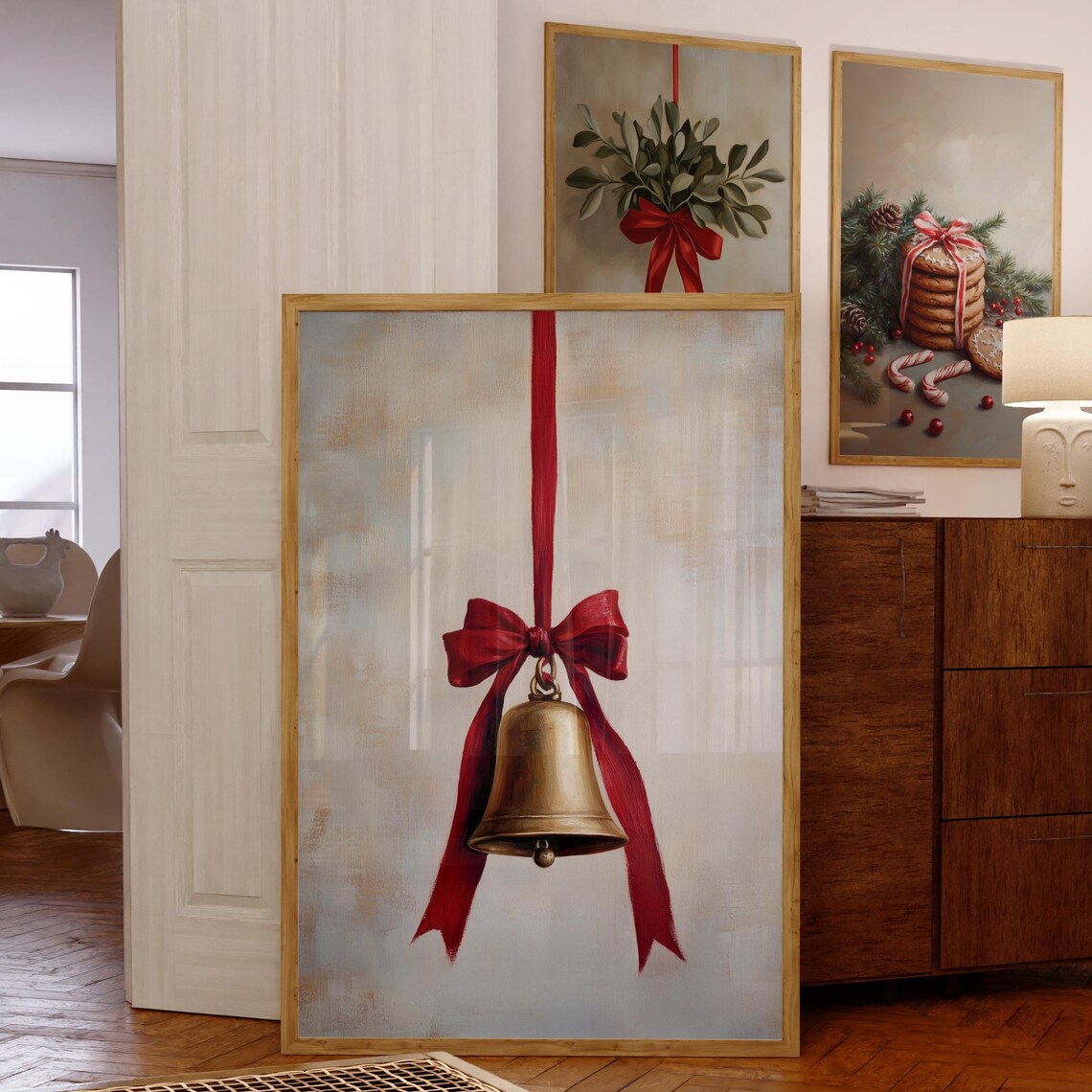 Vintage Christmas Bell With Red Ribbon Moody Holiday Art Poster