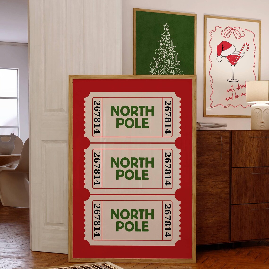North Pole Ticket Art Print, Red Christmas Decor