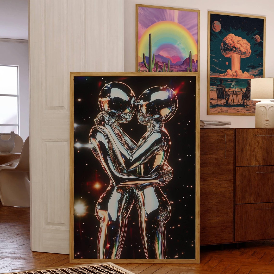 Psychedelic Alien Astronauts Embrace Chrome Space Surrealism Poster