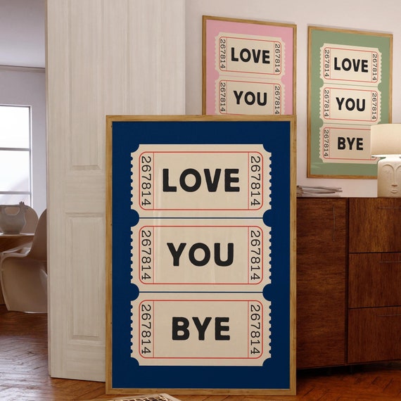 Love You Bye Retro Ticket Print Navy Blue Hallway Wall Art Cute Home Decor Aesthetic Hallway Print Entryway Decor Trendy Art
