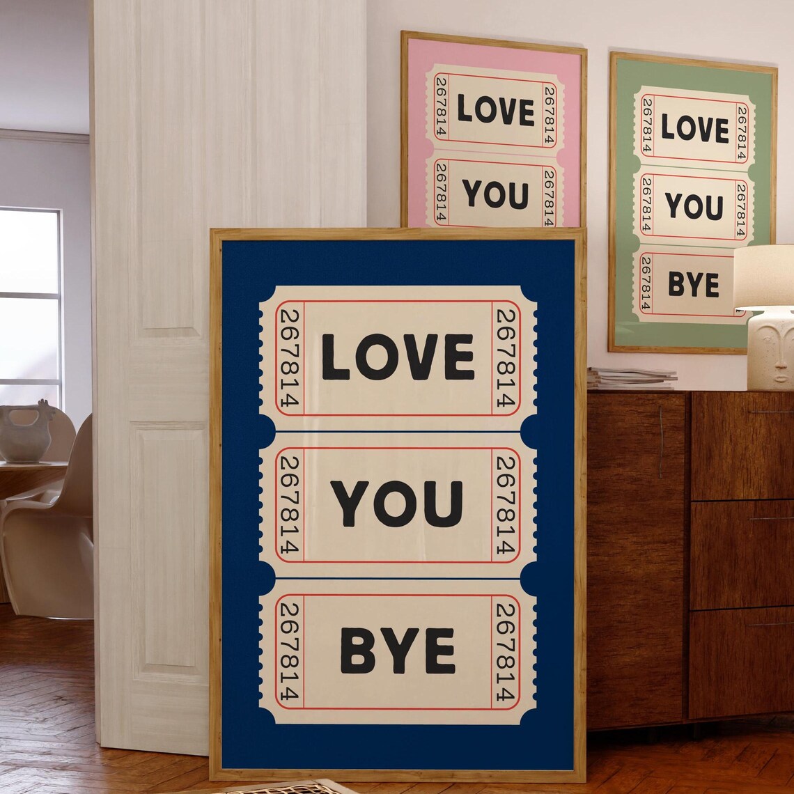 Love You Bye Retro Ticket Stub Trio Navy Blue Hallway Poster
