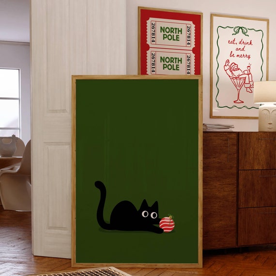 Christmas Cat Art Funny Christmas Wall Art Funny Black Cat Poster Cute Christmas Print Cat Lover Gift Chritsmas Decor Prints