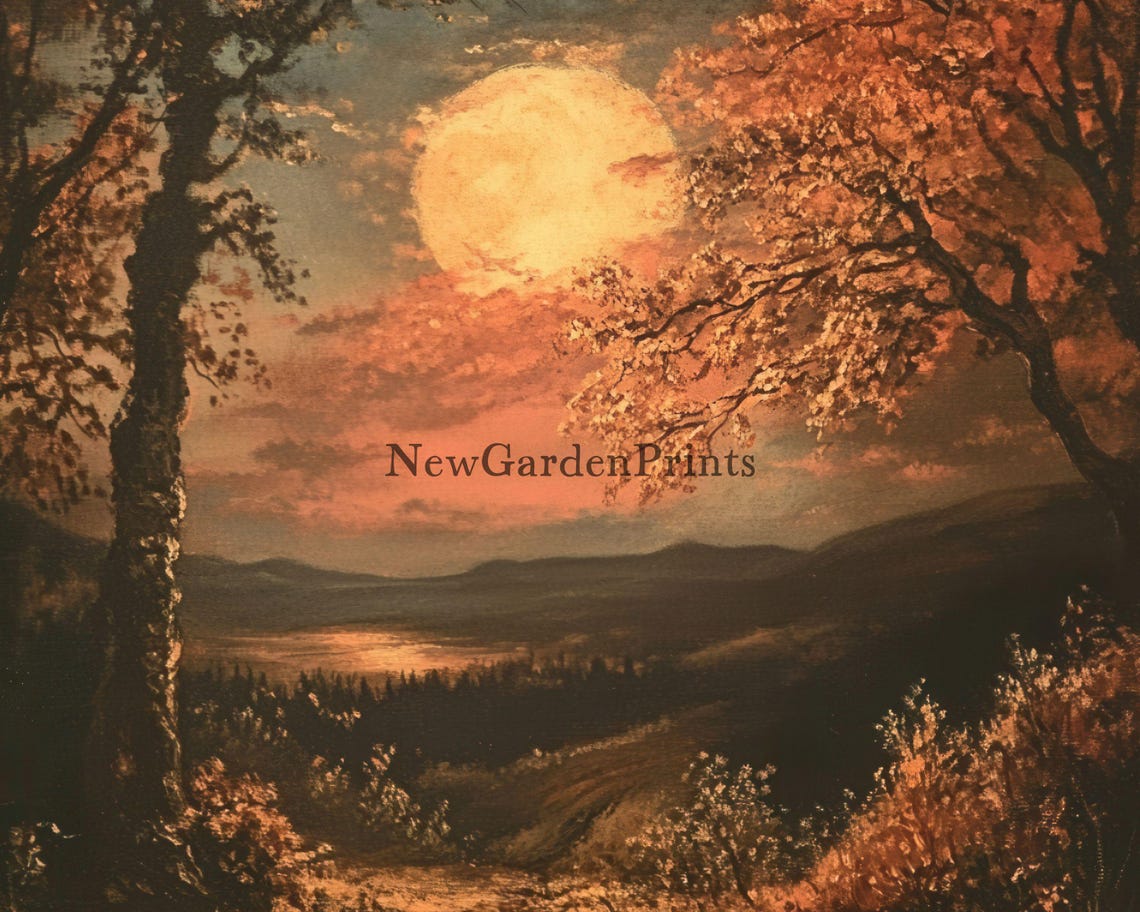 Moody Autumn Landscape With Full Moon Over A Golden Forest Lake Print - Image 3