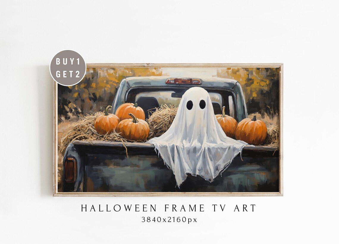 Halloween Ghost Riding in a Pumpkin Filled Pickup Truck Poster