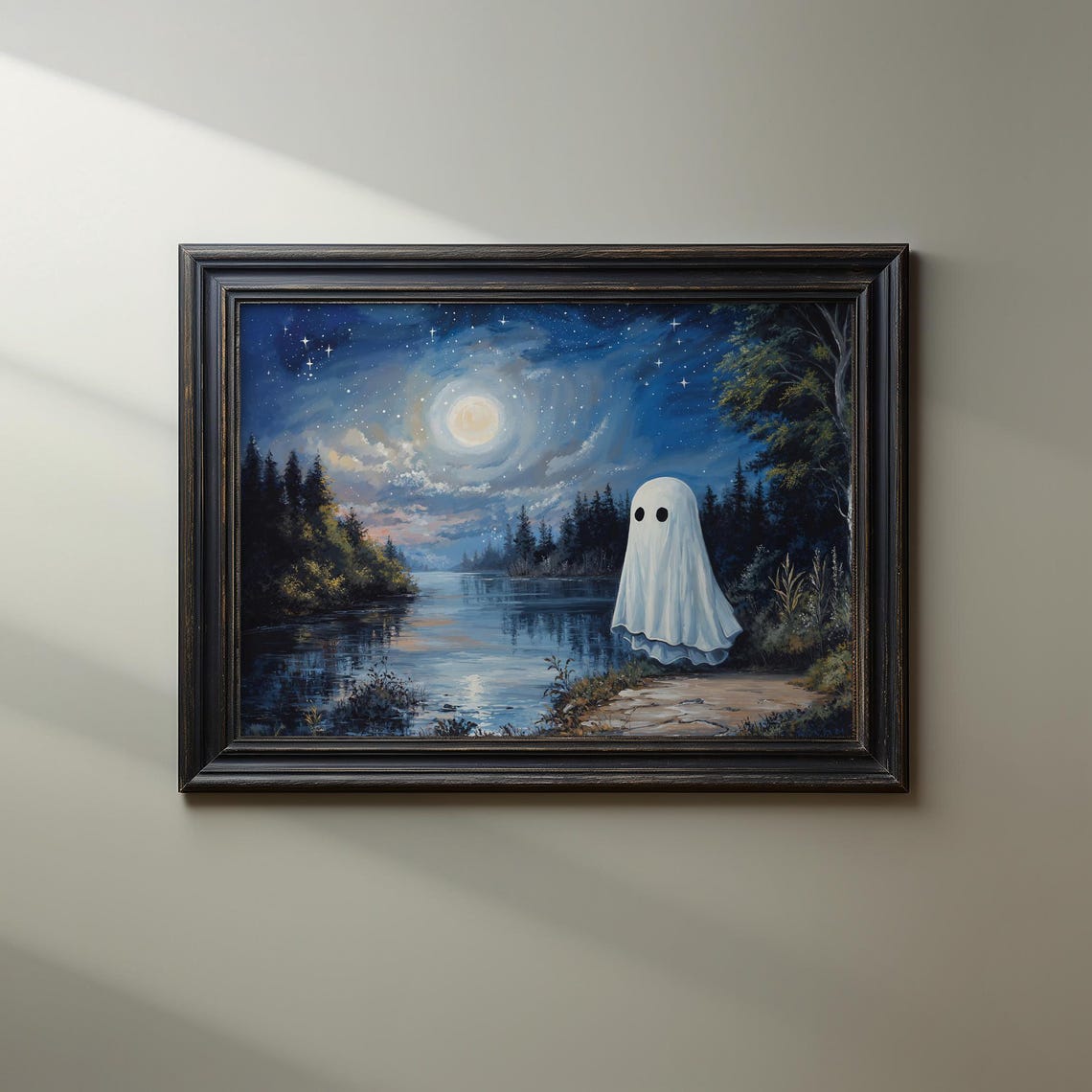 Cute Ghost by Moonlit Lake Under Starry Night Halloween Poster