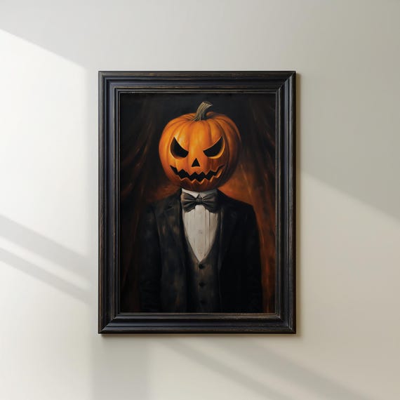 Spooky Pumpkin Man Halloween Jack O Lantern Print Creepy Gothic Home Decor Rustic Fall Seasonal Art