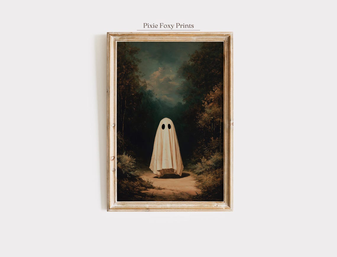 Cute Ghost in Dark Forest Vintage Halloween Spooky Art Poster
