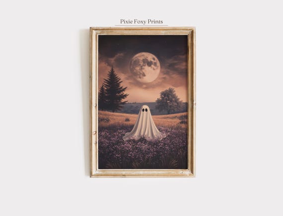 Under Full Moon In Flower Field Vintage Halloween Wall Art Rustic Autumn Landscape Print Spooky Fall
