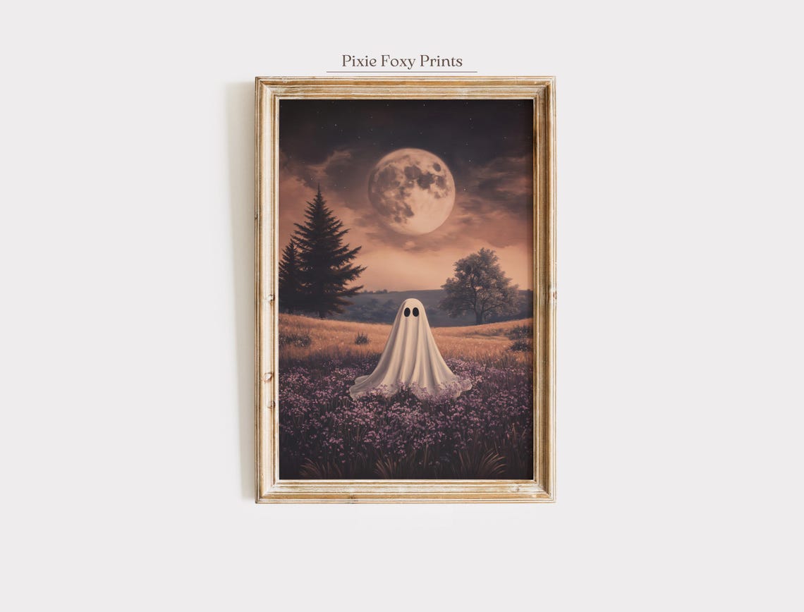 Under Full Moon In Flower Field Vintage Halloween Wall Art Rustic Autumn Landscape Print Spooky Fall