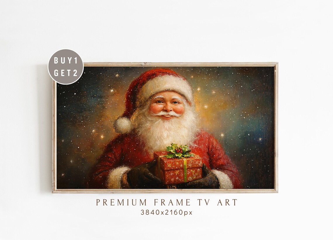 Vintage Santa Claus Christmas Painting Gift Holding Starry Night Poster