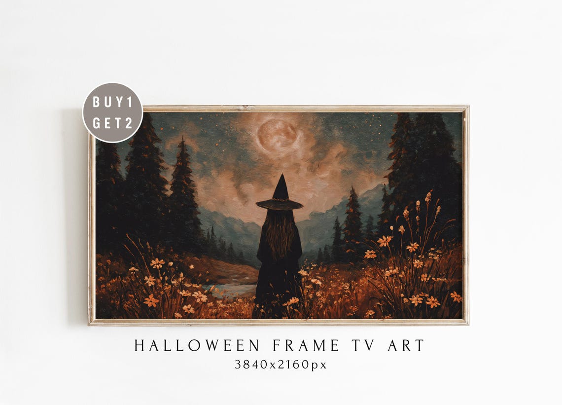 Witch Under Moonlight Frame Tv Art Spooky Halloween Enchanted Dark Forest Landscape Samsung