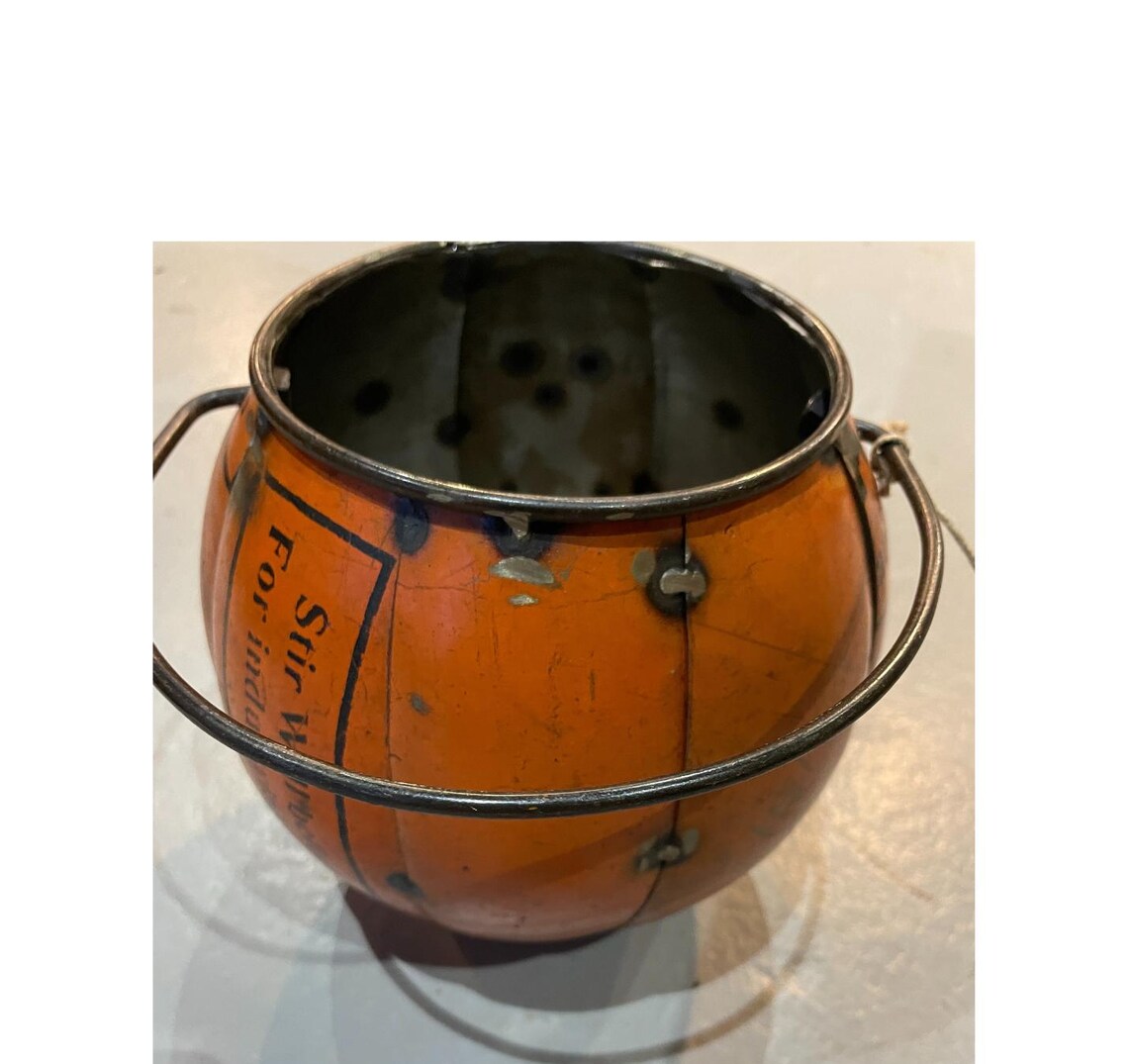 Round Pumpkin Face Metal Bucket Rustic Jack O Lantern Halloween Candy Pail - Image 4