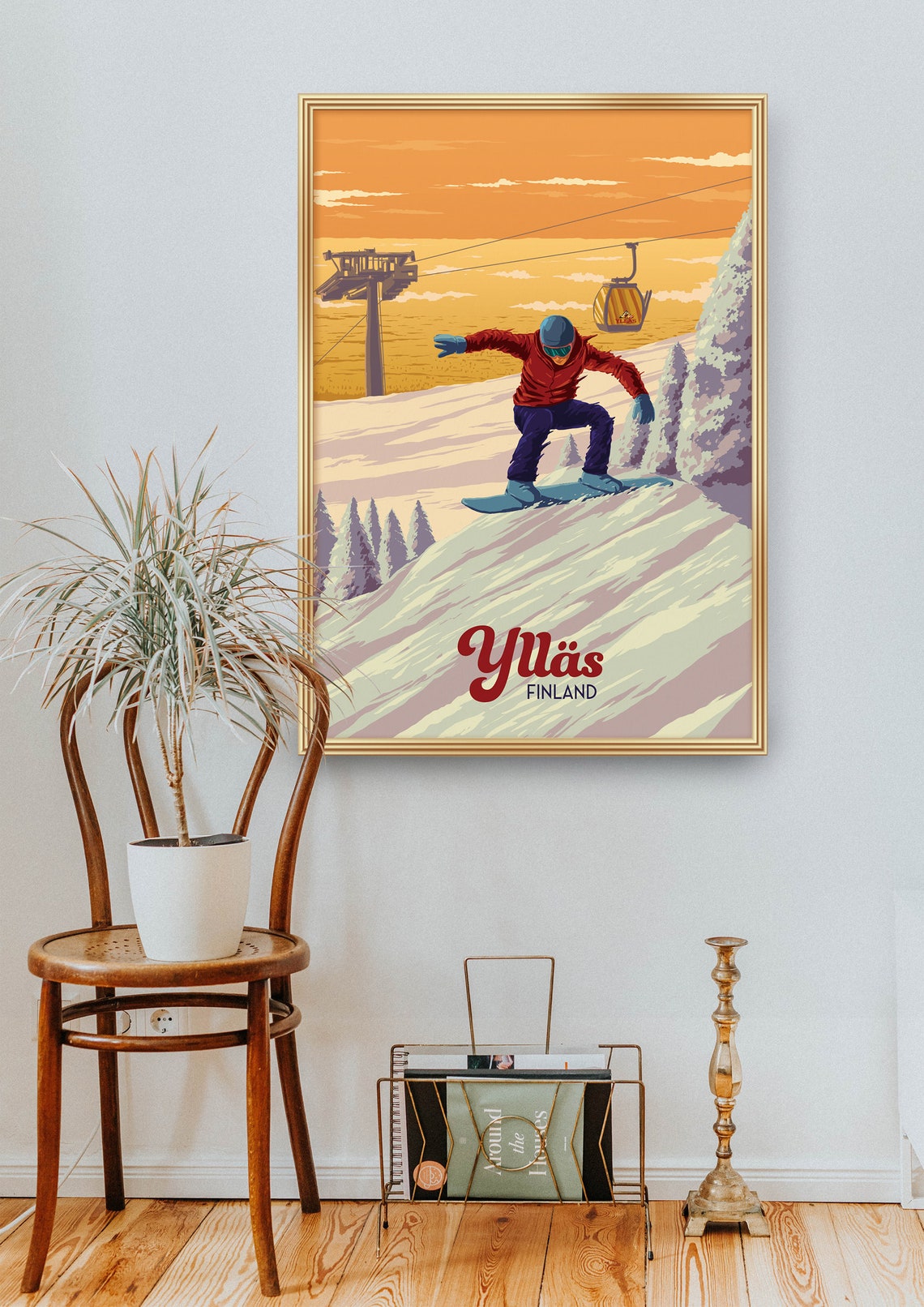 Yllas Finland Sunset Snowboarder Gondola Arctic Travel Poster - Image 2