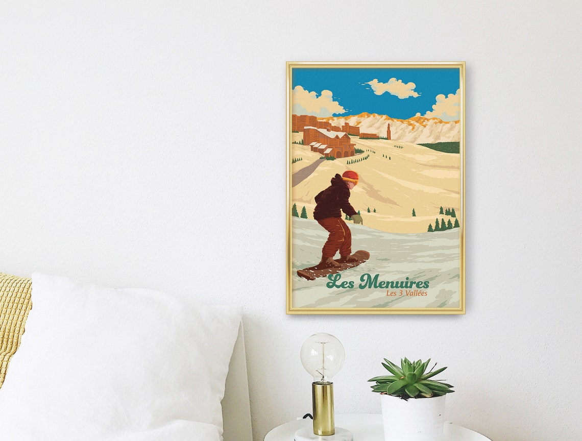 Les Menuires Les 3 Vallées French Alps Snowboard Vintage Travel Poster - Image 3