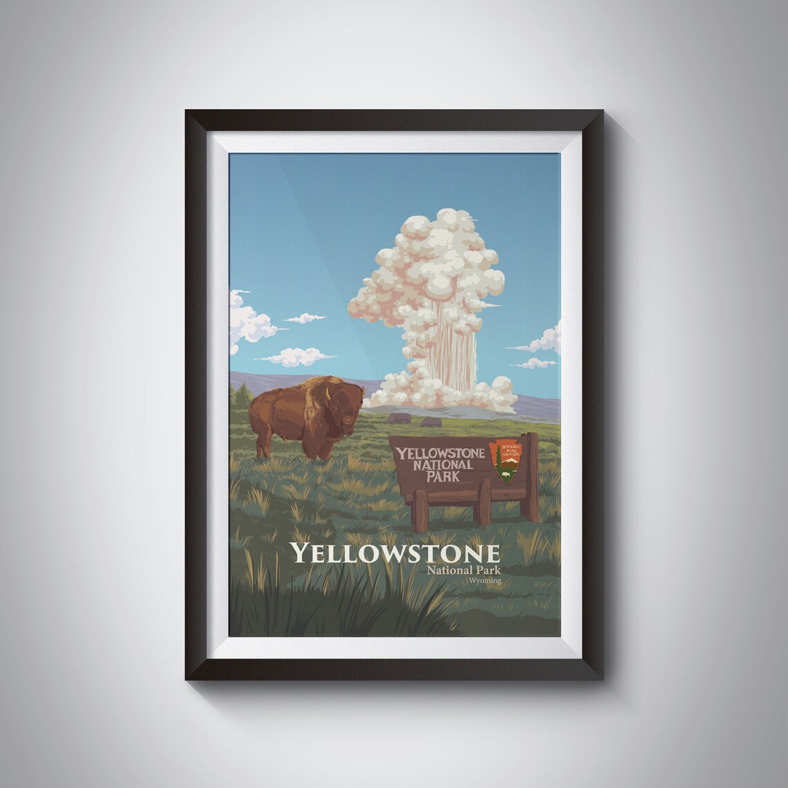 Yellowstone National Park Old Faithful Erupting Geyser Bison Poster