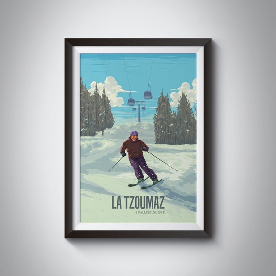 La Tzoumaz Switzerland Ski Resort Travel Poster Swiss Alps Print Snowboard Verbier 4 Vallees Bruson Veysonnaz Thyon Framed Ski Art