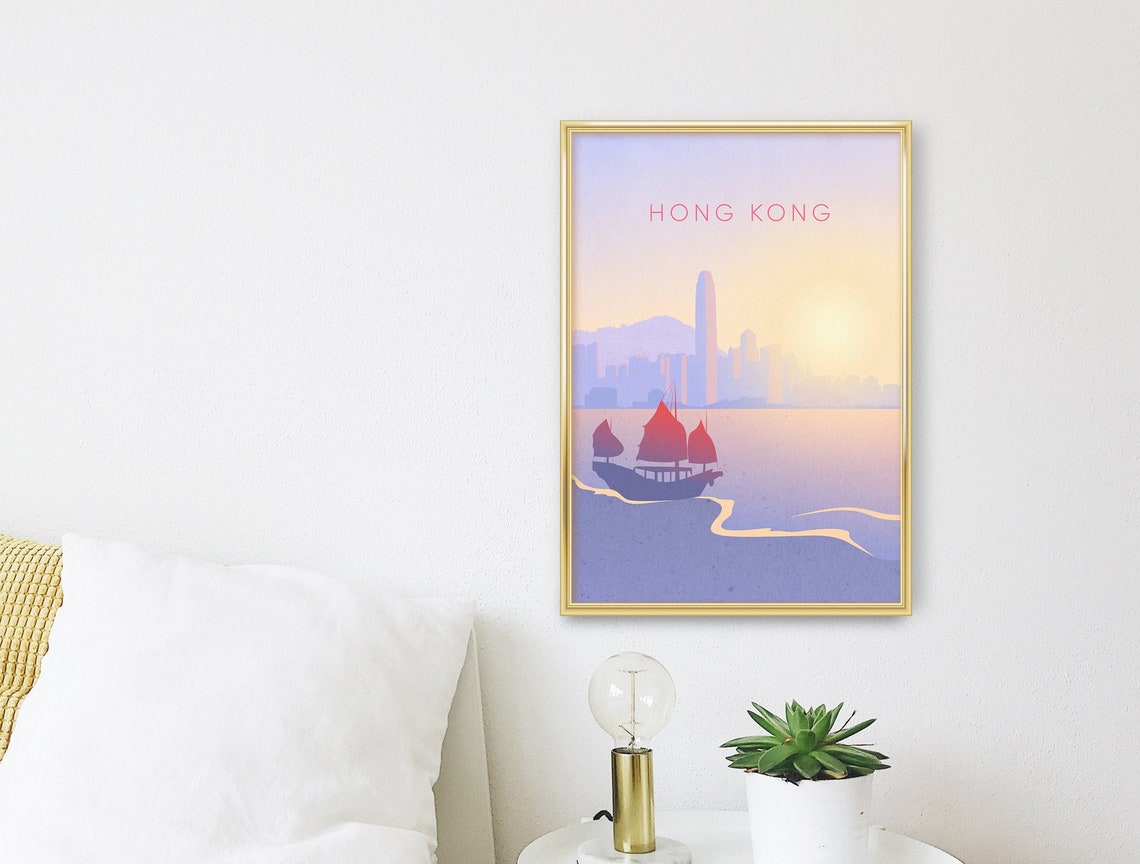 Hong Kong Victoria Harbour Junk Boat Golden Sunset Skyline Poster - Image 3
