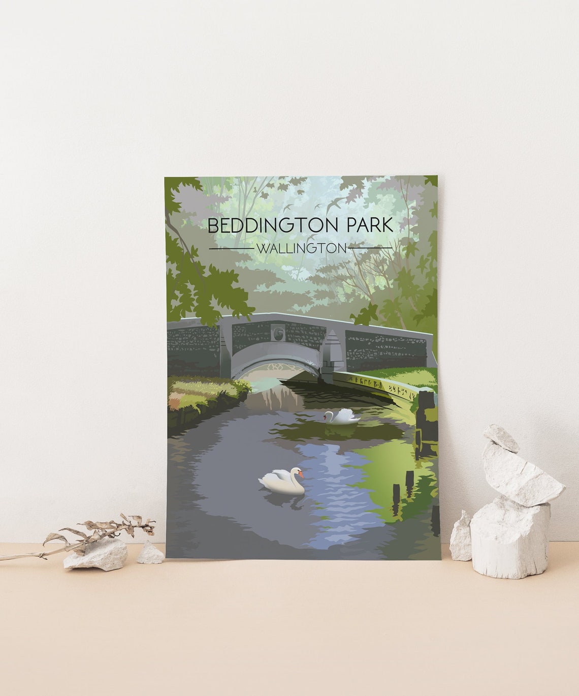 Beddington Park Wallington Swans Gliding River Bridge Poster - Image 4