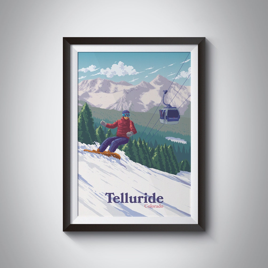 Telluride Colorado Snowboarder On Powder With Gondola View Poster
