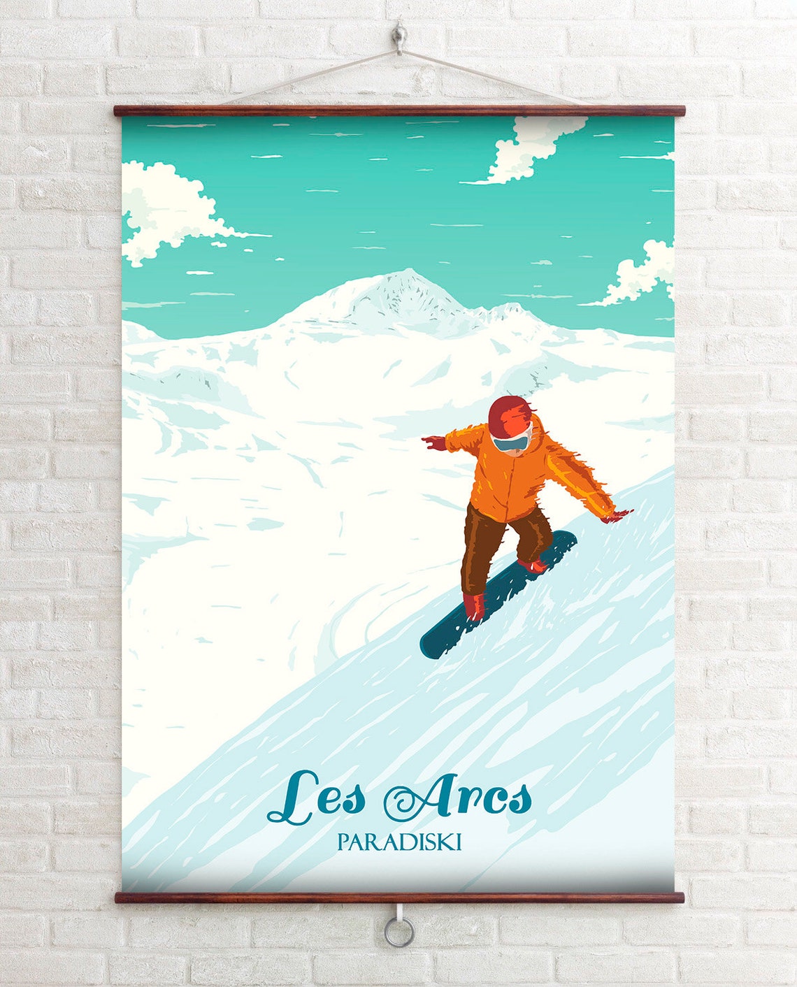 Les Arcs Paradiski Snowboarder Carving Turquoise Sky Ski Resort Poster - Image 2