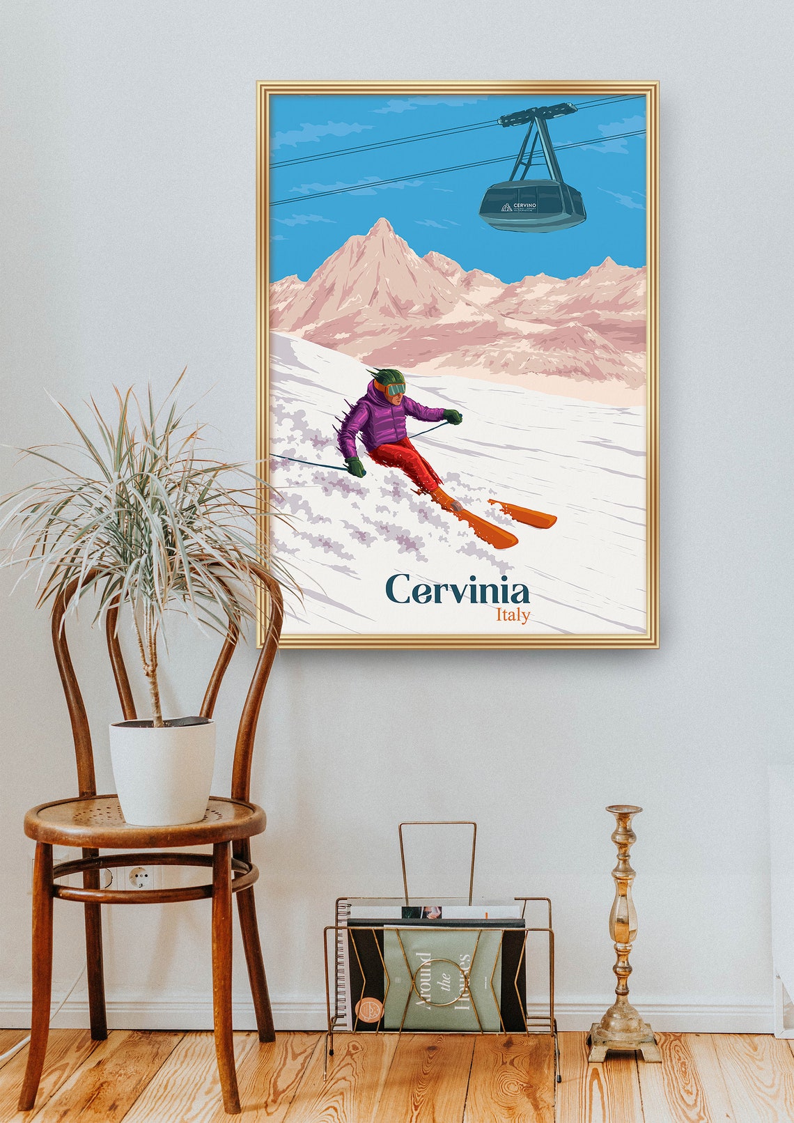 Cervinia Italy Powder Ski Slope Beneath Cable Car Travel Poster - Image 2
