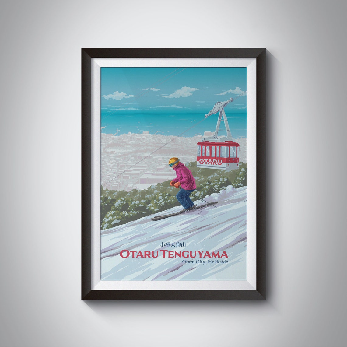 Otaru Tenguyama Hokkaido Skier Red Ropeway Vintage Ski Poster