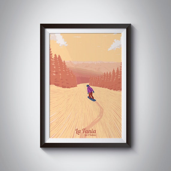 La Tania Snowboarding Poster Retro Skiing Print Courchevel Ski Resort 3 Valleys Mountain Wall Decor Gift Nature French Alps France