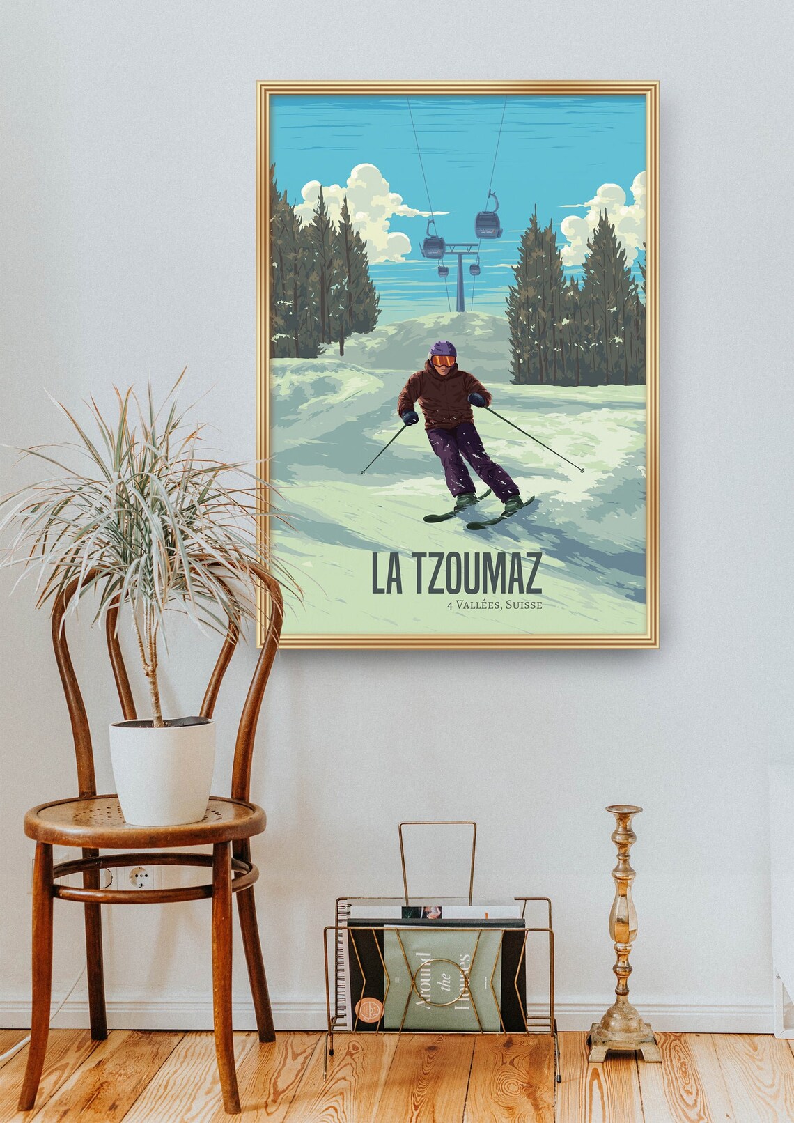 La Tzoumaz Swiss Alps Ski Slope Gondola Skier Action Scene Poster - Image 2