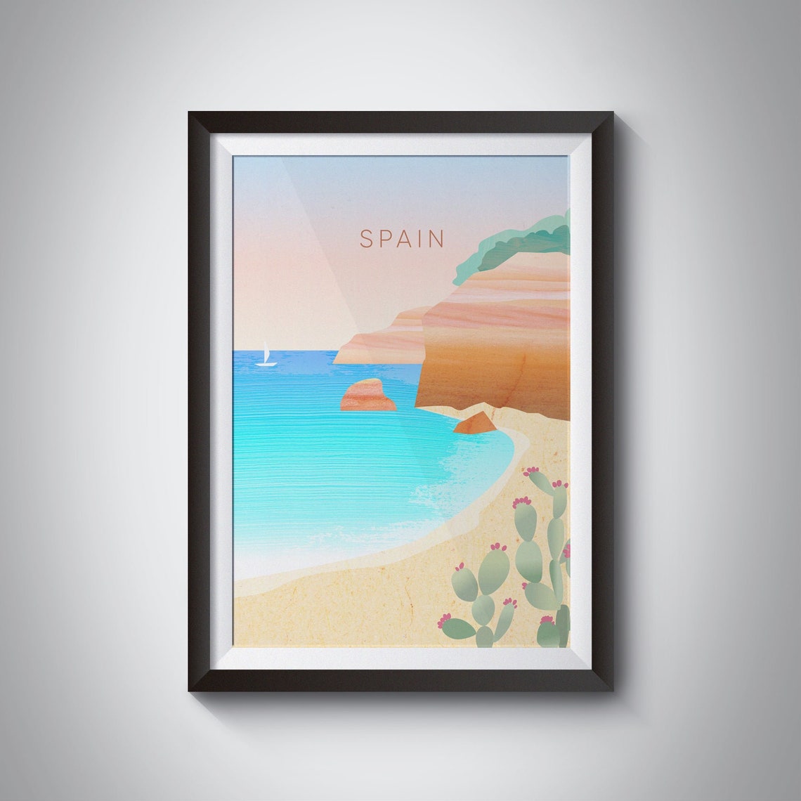 Spain Mediterranean Bay Minimalist Poster, Turquoise Coast Cliffs Art
