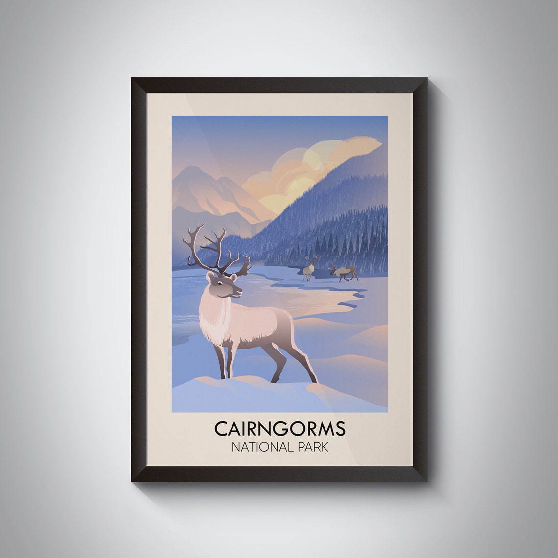 Cairngorms National Park Reindeer Winter Landscape Travel Poster