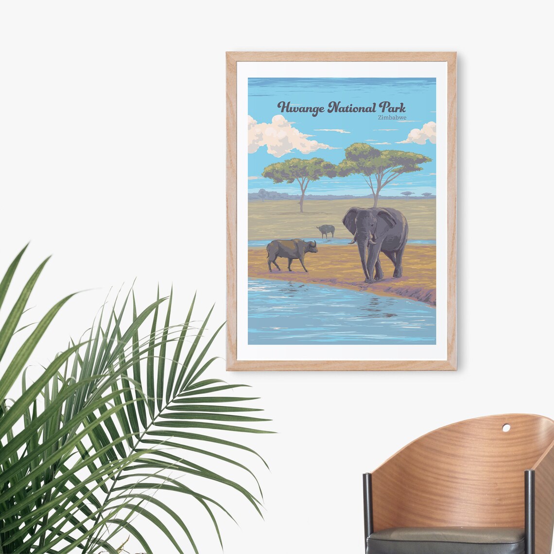 Hwange National Park Zimbabwe Elephant Safari Waterhole Travel Poster - Image 3