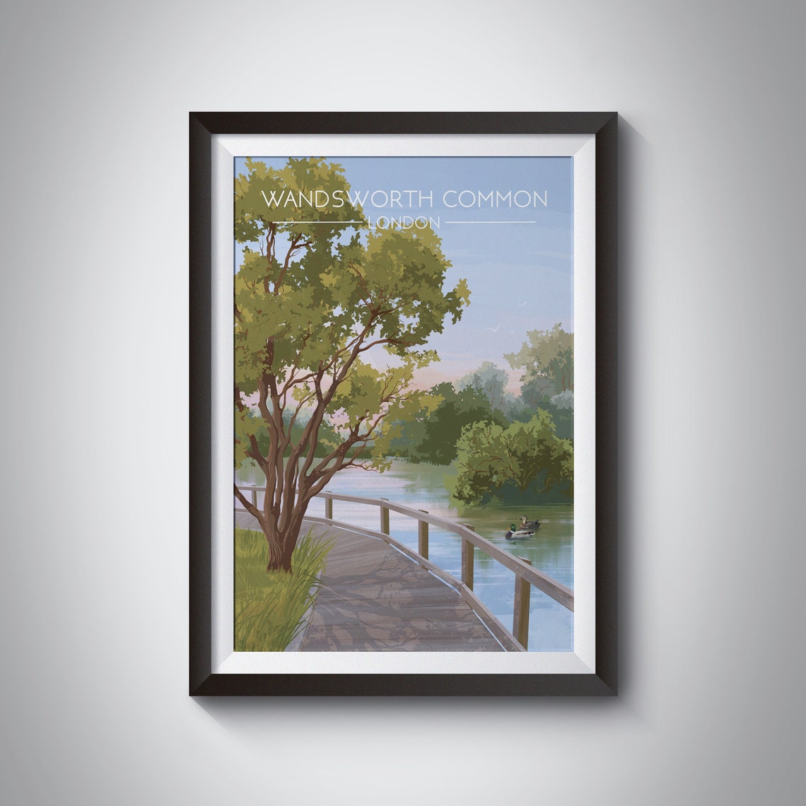 Wandsworth Common London Travel Poster Boardwalk Bridge Pond Ducks