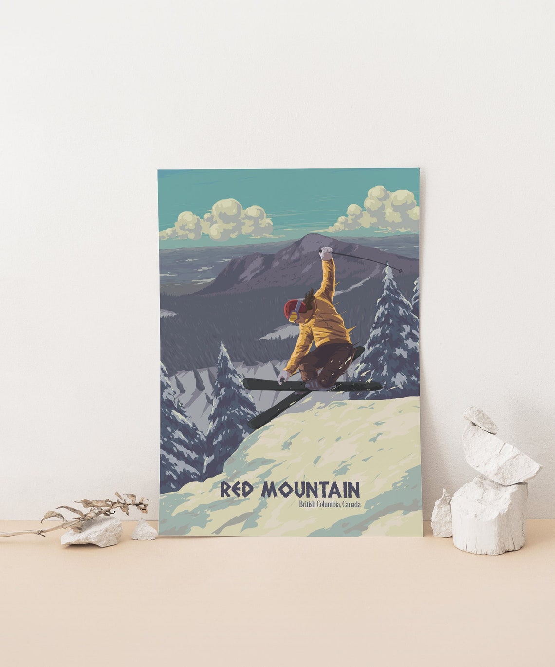 Red Mountain British Columbia Skier Jumping Vintage Ski Poster - Image 4