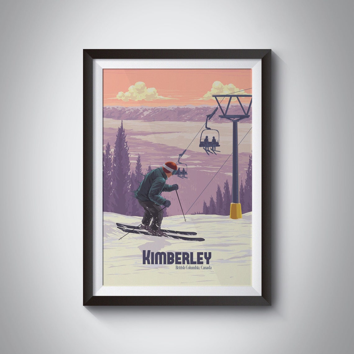 Kimberley British Columbia Sunset Ski Chairlift Vintage Travel Poster
