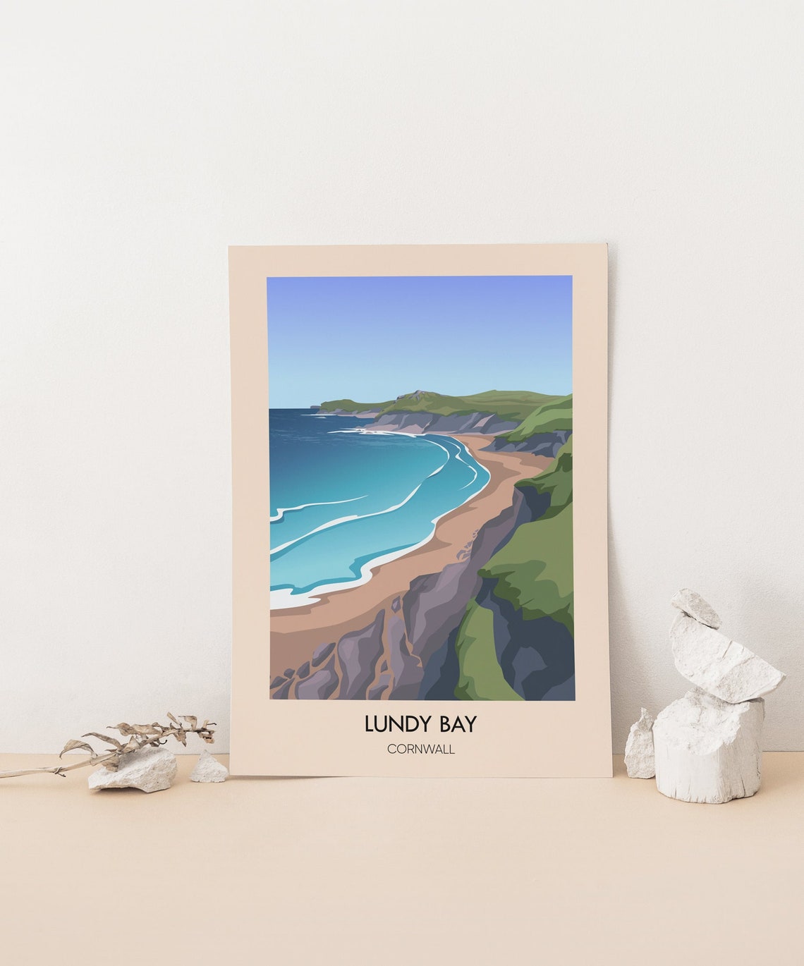 Lundy Bay Cornwall Green Cliffs Sandy Shore Cove Scene Poster - Image 4