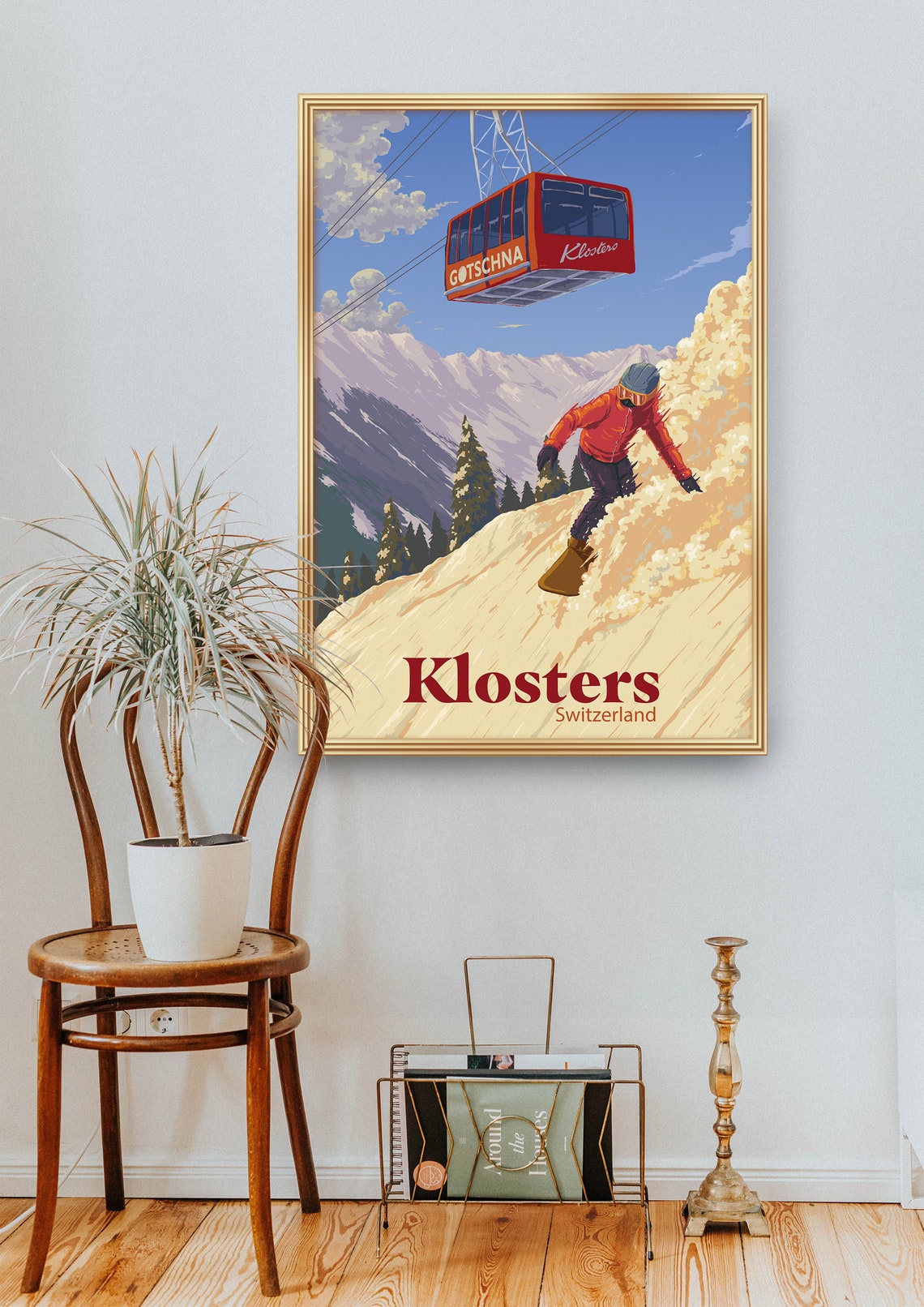 Klosters Switzerland Red Gotschna Gondola Powder Snowboard Poster - Image 2