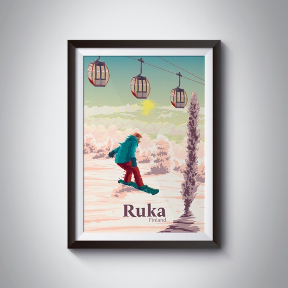 Ruka Finland Snowboarding Poster Ski Resort Print Rukatunturi Kuusamo Finland Travel Print Ski Resort Wall Art Gift Levi Lapland