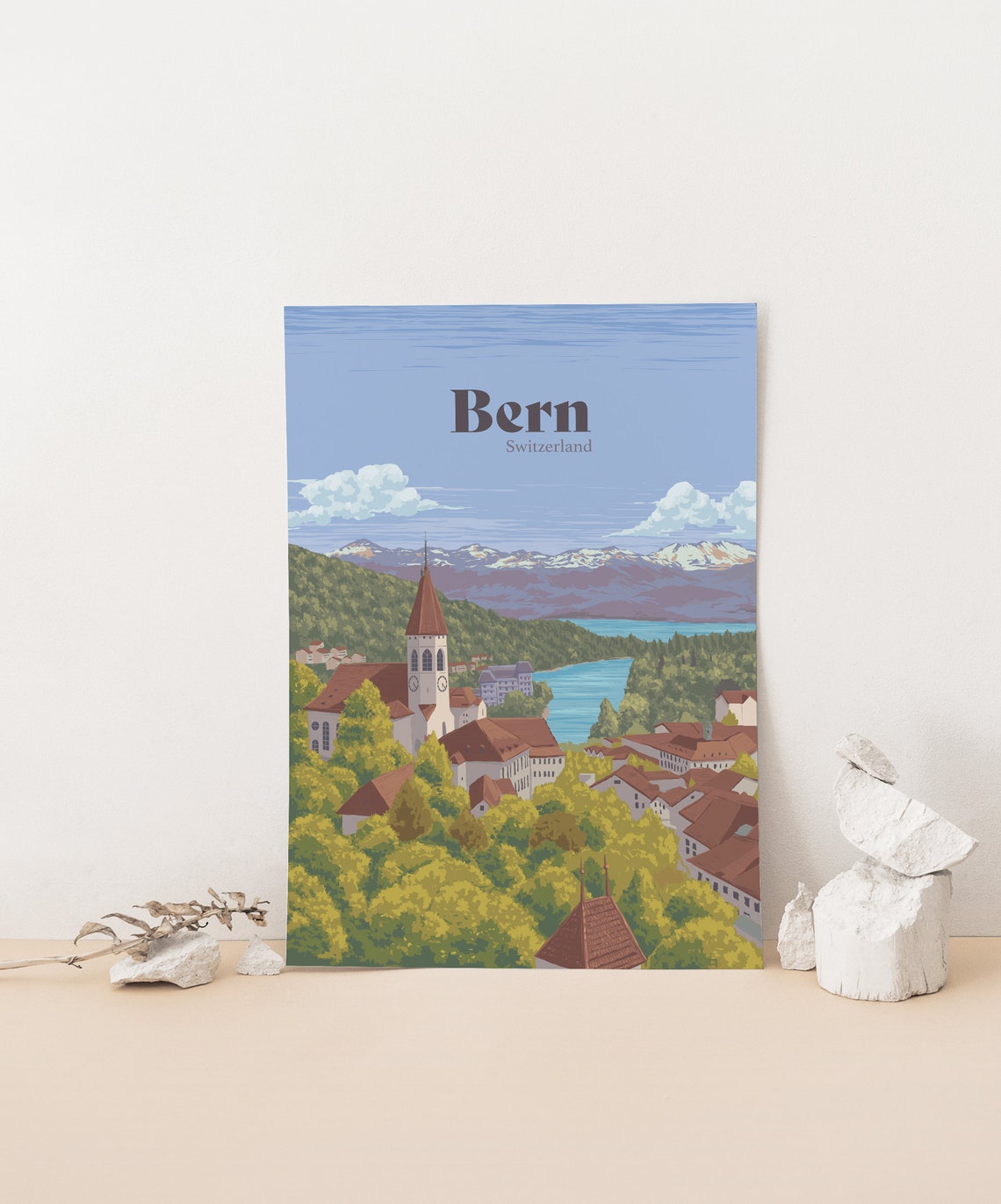 Bern Switzerland Travel Poster Aare River Vintage Travel Print Fountains Unesco Bern Old Town Cathedral The Gurten Swiss Alps - Image 3