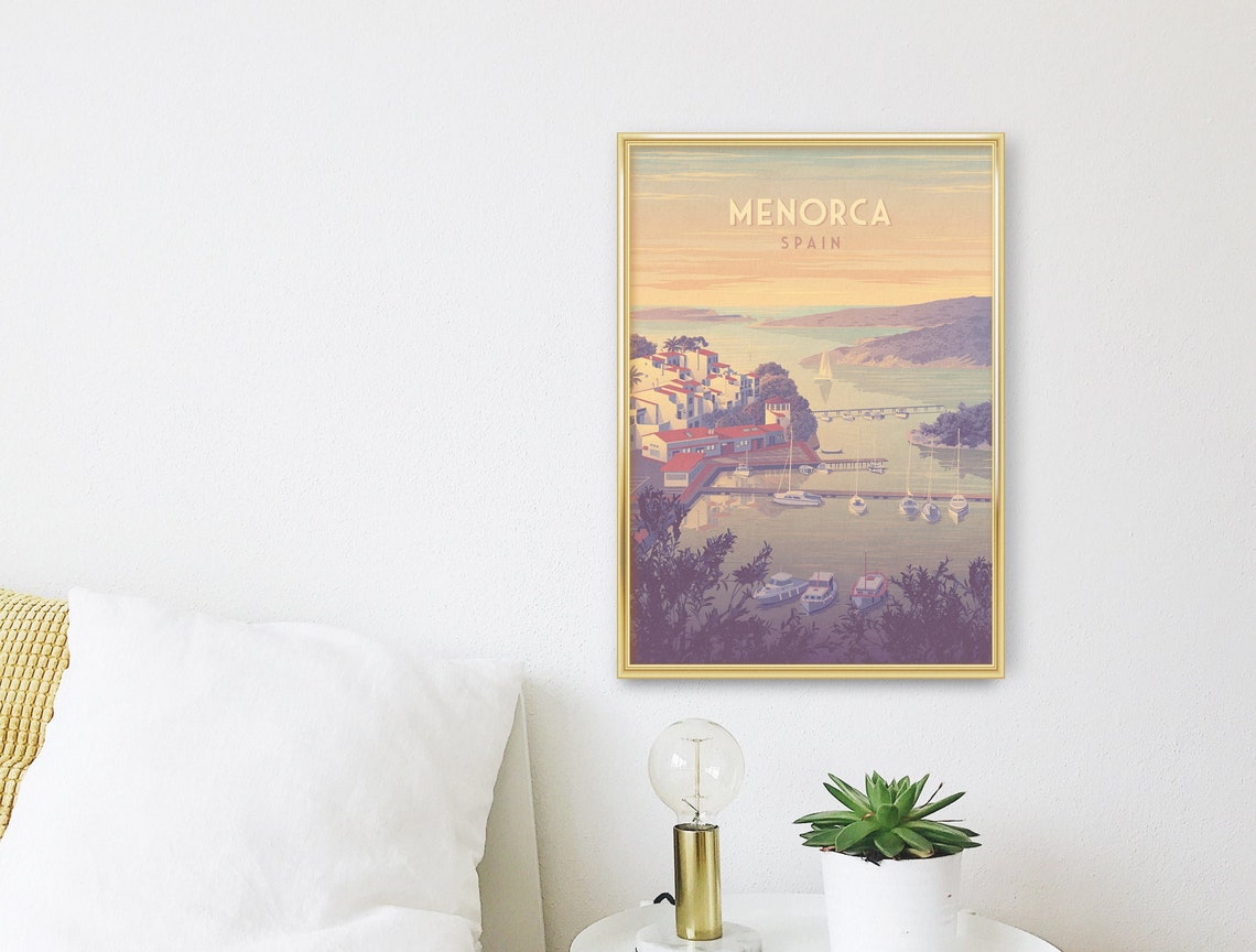 Menorca Spain Vintage Harbor Poster, Whitewashed Port Sunset Sailboats - Image 3