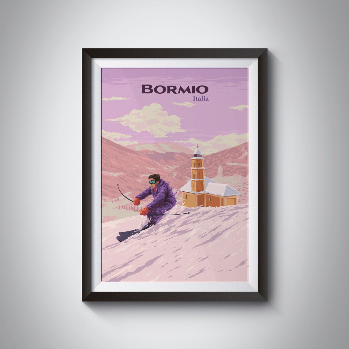 Bormio Italia Vintage Ski Resort Skier Alpine Church Retro Travel Poster