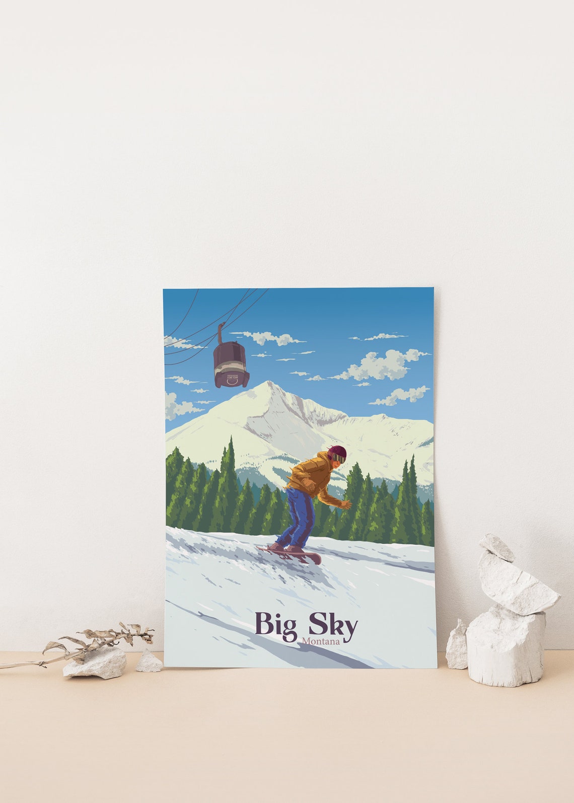 Big Sky Montana Snowboarder Mountain Run With Gondola View Poster - Image 4